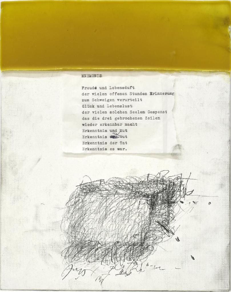 Atem Speicher 2, 2016, bees wax, graphite, paper collage, type writer, on canvas board, 29x23 εκ