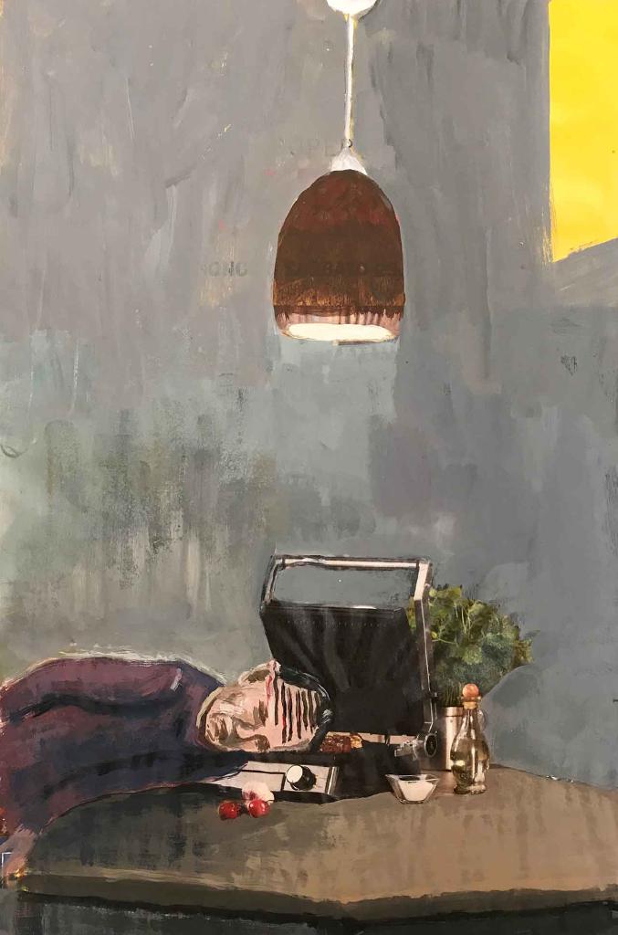 A toast recipe, 2018, ακρυλικά σε διαφημιστικό χαρτί, 27x18,5 εκ.