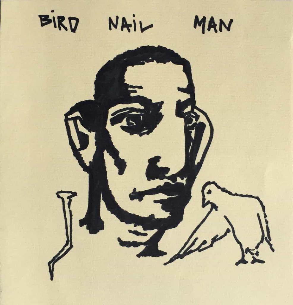 Bird Nail Man I & II, 2019, μαύρος μαρκαδόρος σε χαρτί, 16,5Χ15,5 εκ. και 17,5Χ14,5 εκ.