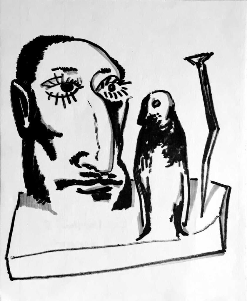 Bird Nail Man I & II, 2019, μαύρος μαρκαδόρος σε χαρτί, 16,5Χ15,5 εκ. και 17,5Χ14,5 εκ.