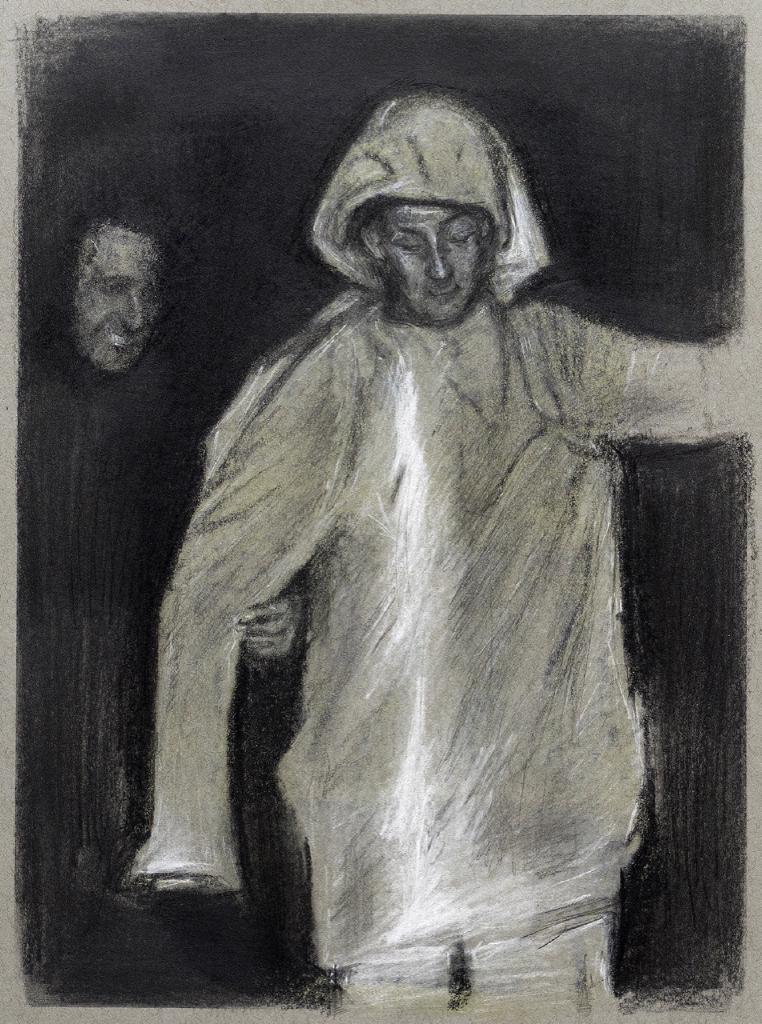 Μελέτη για την Pieta, 2018, κάρβουνο, conte και λευκή κιμωλία σε γκρι χαρτί, 28Χ21 εκ.