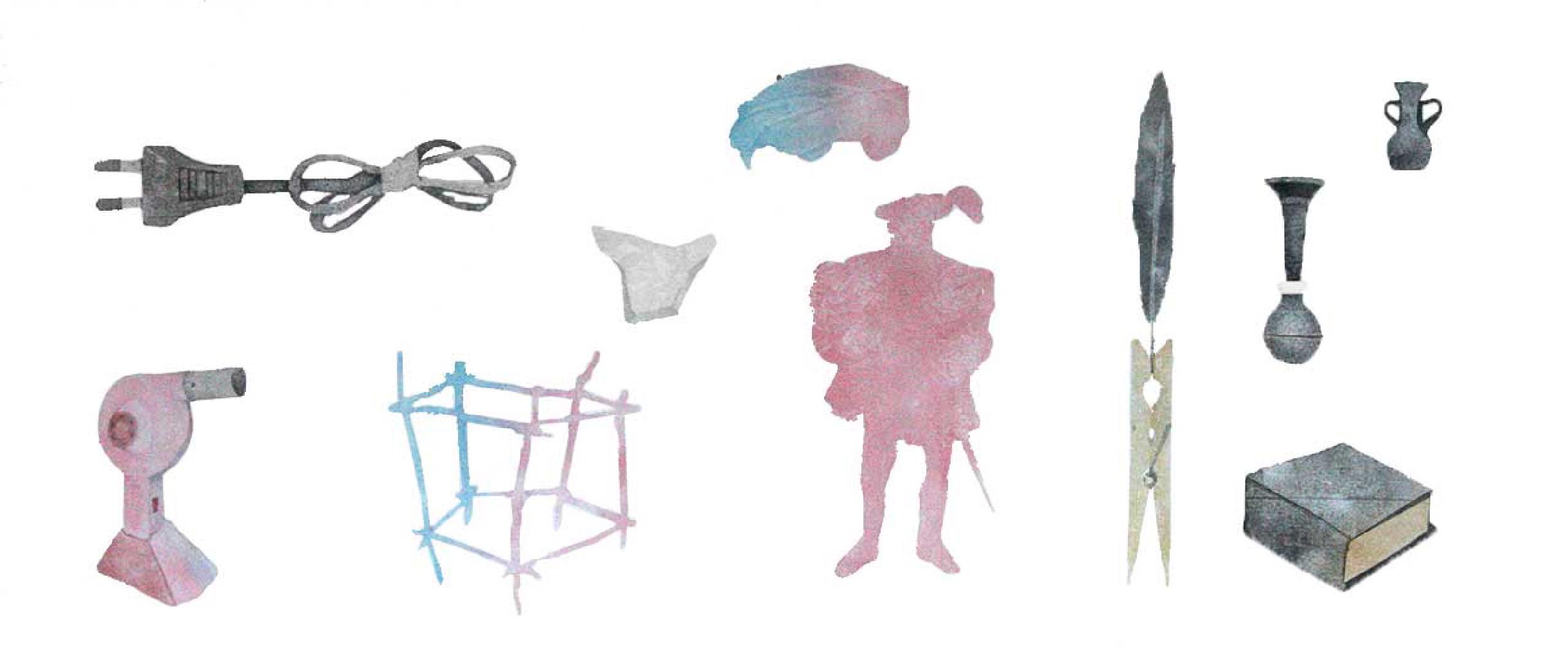 Collected Objects, 2016, σχέδιο, χρώματα σκόνη σε χαρτί. 22Χ50 εκ.