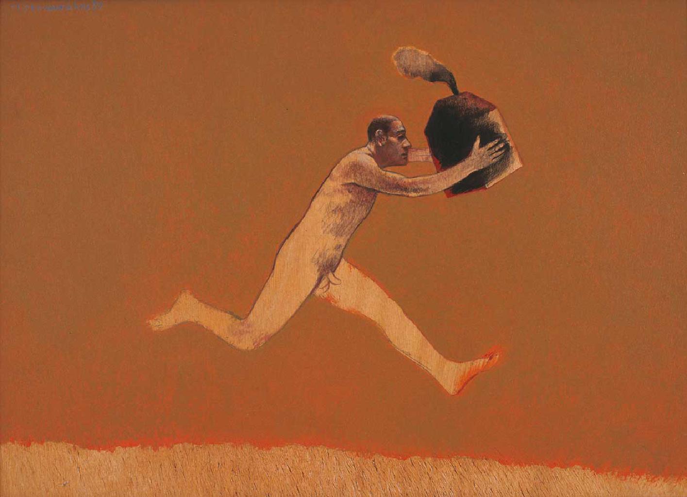 Γυμνός άνδρας με σπίτι, 1992, ακρυλικό, κάρβουνο σε ξύλο, 50x70 εκ.