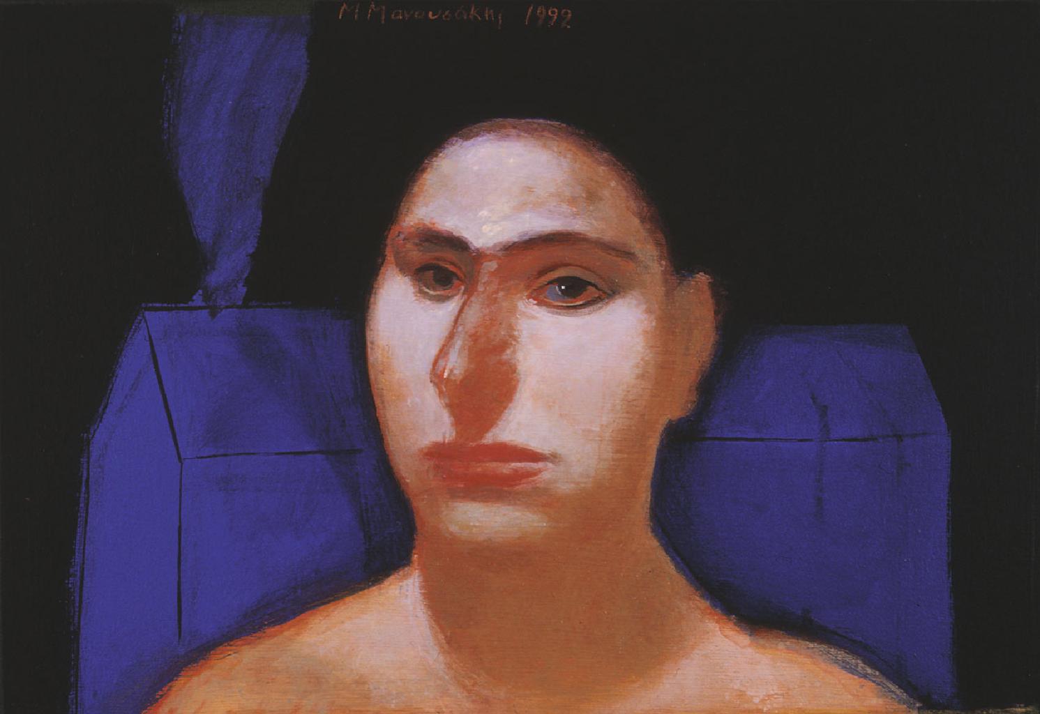 Γυναίκα με μπλε σπίτι, 1992, ακρυλικό σε ξύλο, 30x40 εκ.