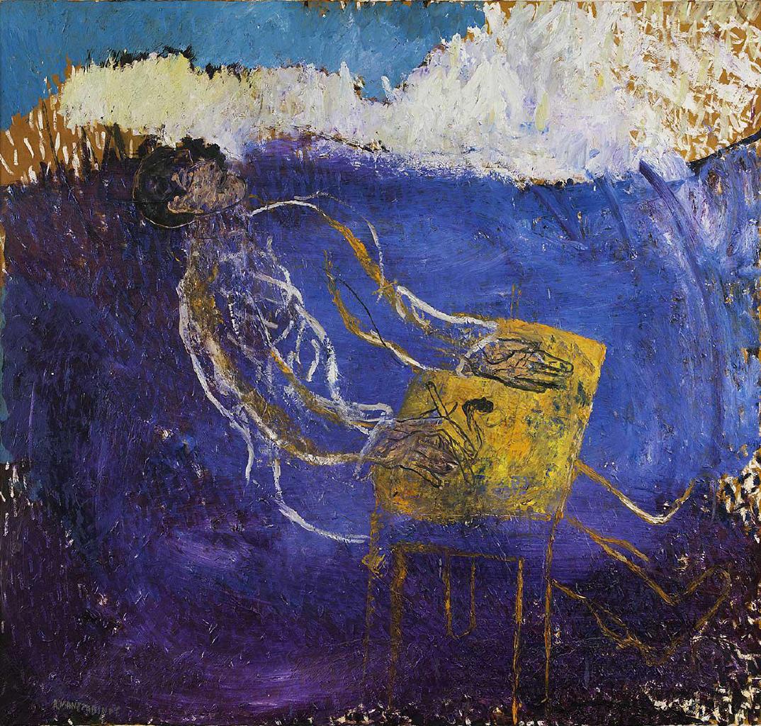 Άνδρας με μολύβι και τσιγάρο στο δεξί χέρι (Ο γραφέας), 1996, λάδι σε καμβά, 150x160 εκ.