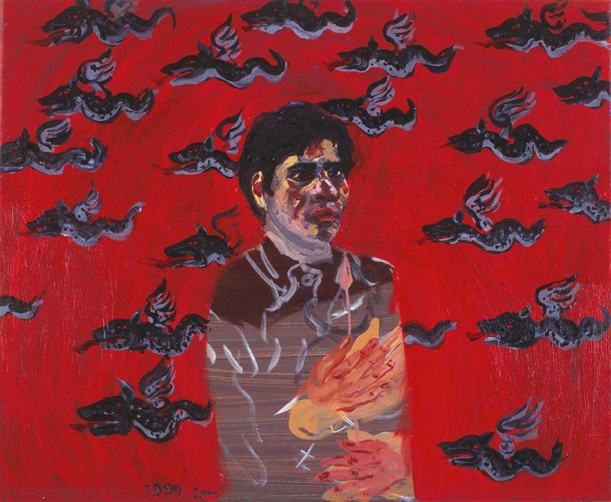 Ο ζωγράφος και 22 φτερωτοί δράκοι, 1999-2000, λάδι σε καμβά, 45x55 εκ.
