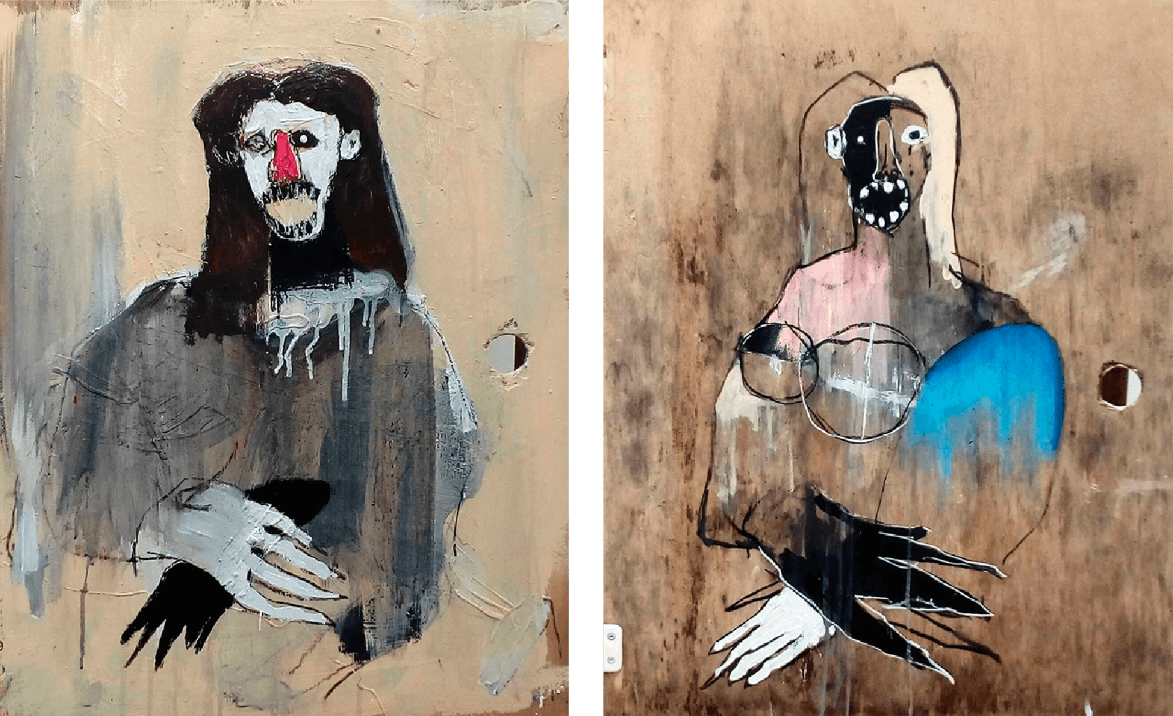 Mona Lisa I & II, 2020, ακρυλικό, spray, κάρβουνο σε ξύλο, 70Χ50 εκ. (έργο διπλής όψεως)