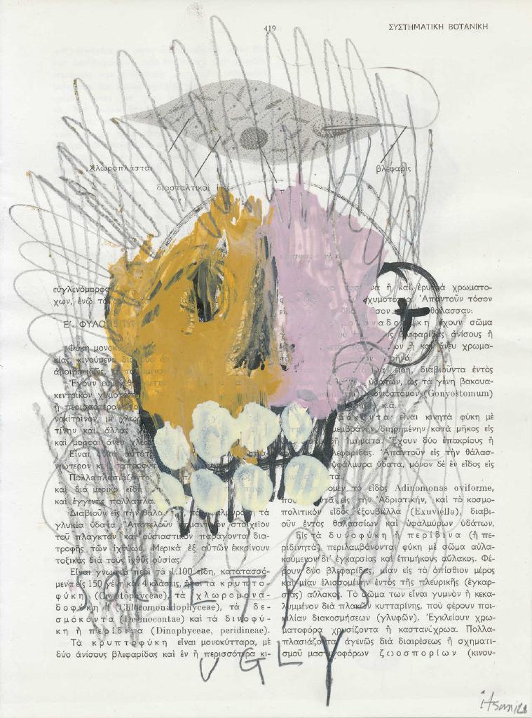 Society is ugly, 2020, ακρυλικό, spray, μαρκαδόρος και μολύβι σε σελίδα βιβλίου Βοτανικής, 28Χ20,5 εκ.