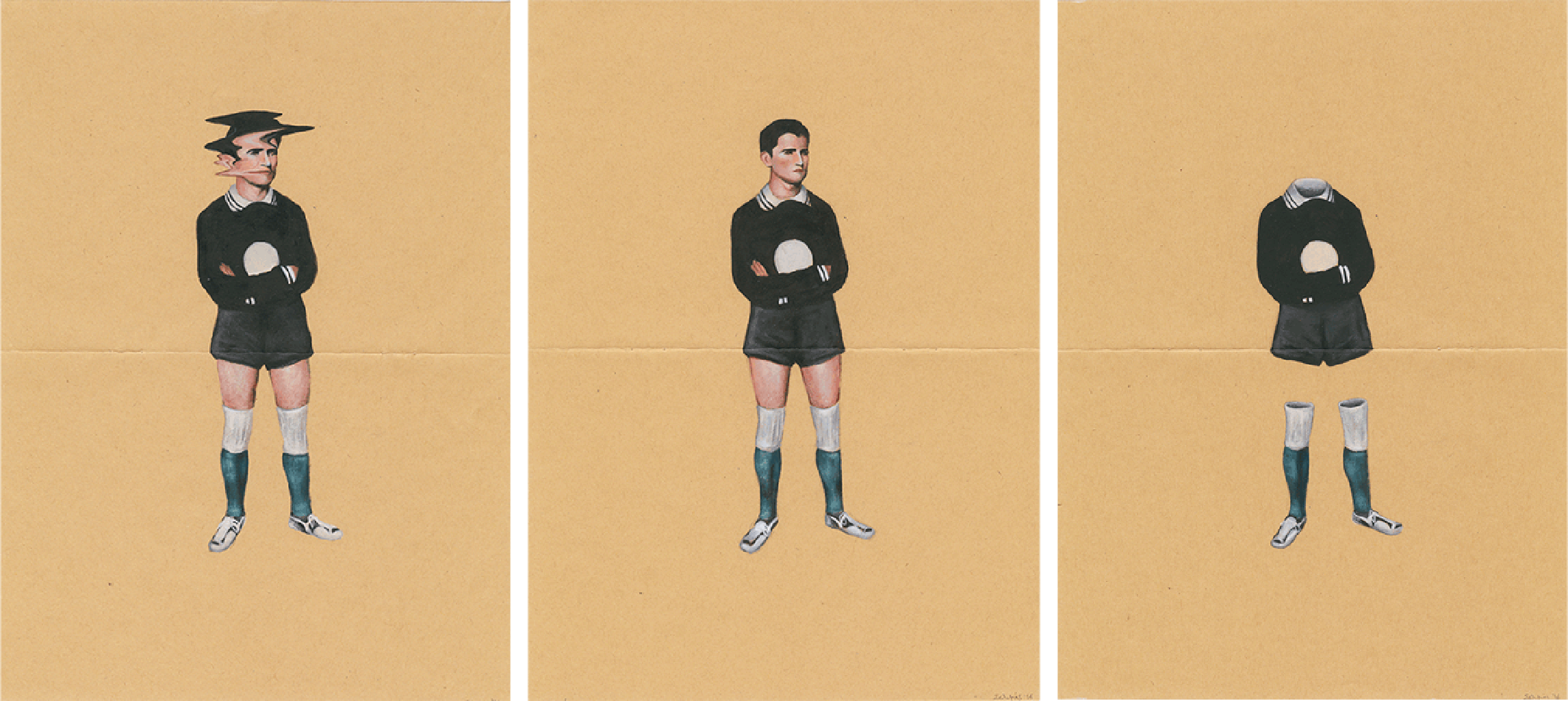 My father (the goalkeeper), 2016, ακρυλικό σε χαρτί, τρίπτυχο, 29Χ21 εκ. το καθένα