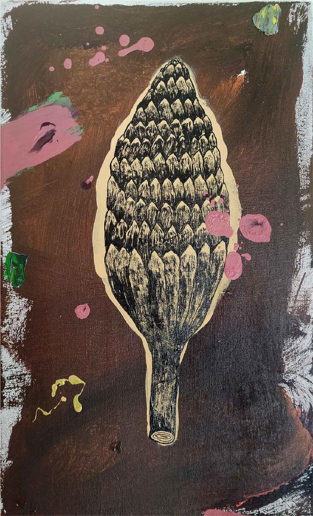 Study of a fossil (Arecaceae) I, 2020, ακρυλικό, μελάνι και κολάζ σε καμβά, 41Χ25 εκ.