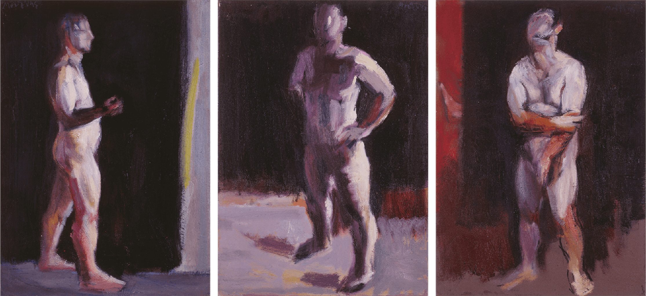 Φιγούρα σε σκοτεινό δωμάτιο, τρίπτυχο, 2000, λάδι σε καμβά, 52x42 εκ. το καθένα