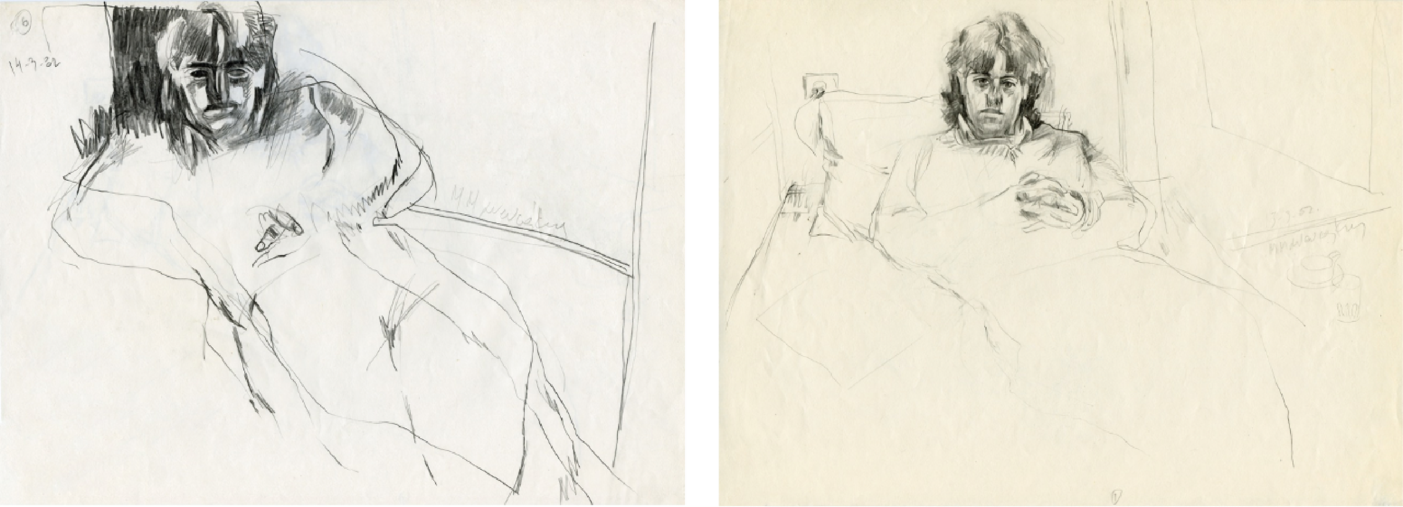 2 σχέδια, 13.3.82 και 14.3.82, μολύβι σε χαρτί, 21,2x28,5 εκ.